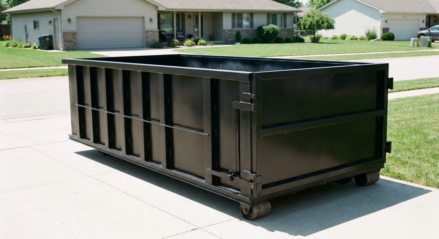 Matte-black 10-yard roll-off dumpster on a residential concrete driveway in Ocala, uniformly painted matte black across every panel and rail, ribbed steel sidewalls and rear swing door visible, mid-day daylight.