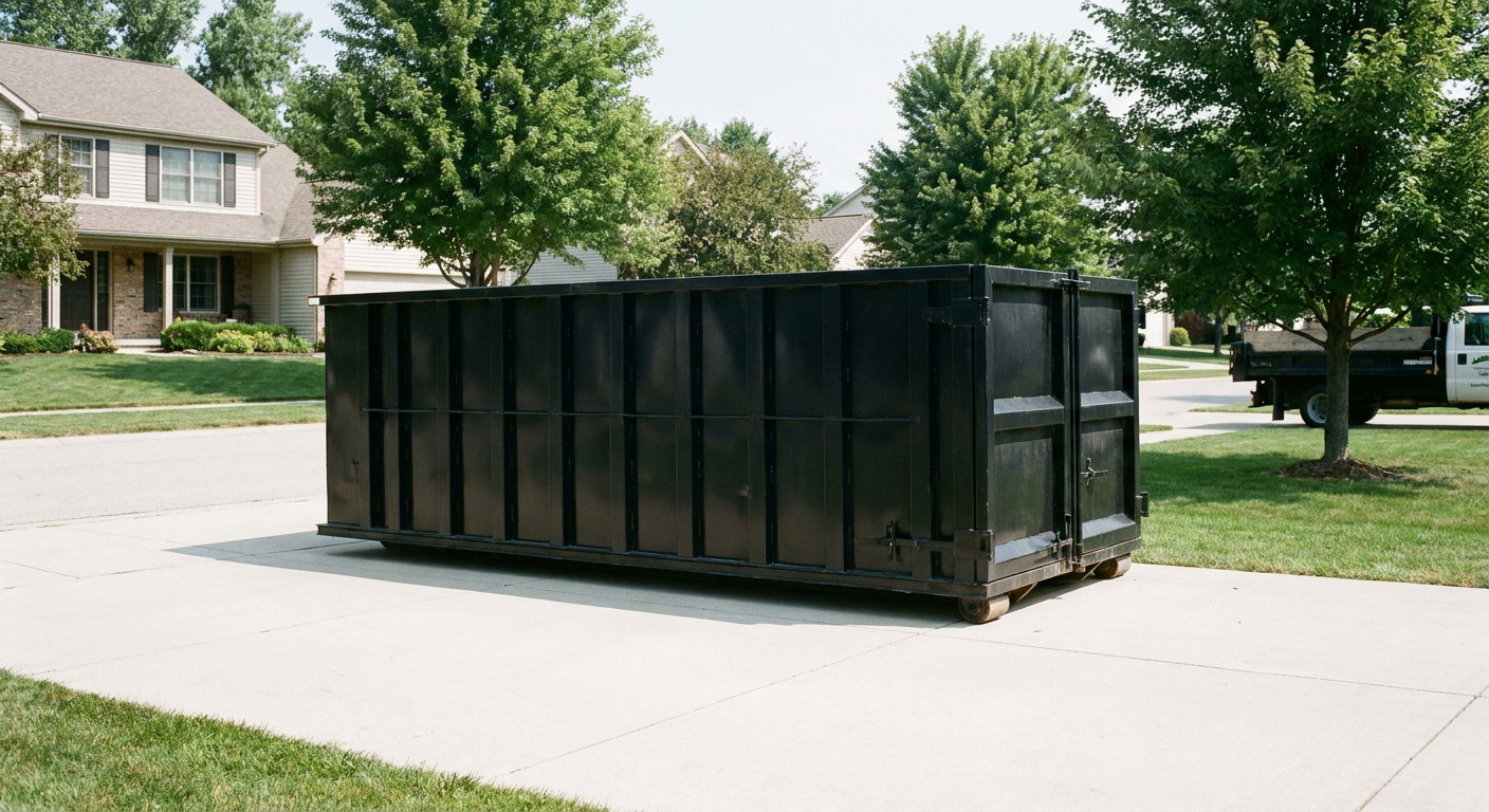 Matte-black 20-yard roll-off dumpster sitting level on a clean Ocala residential concrete driveway under bright daylight, demonstrating clean placement directly on the concrete.