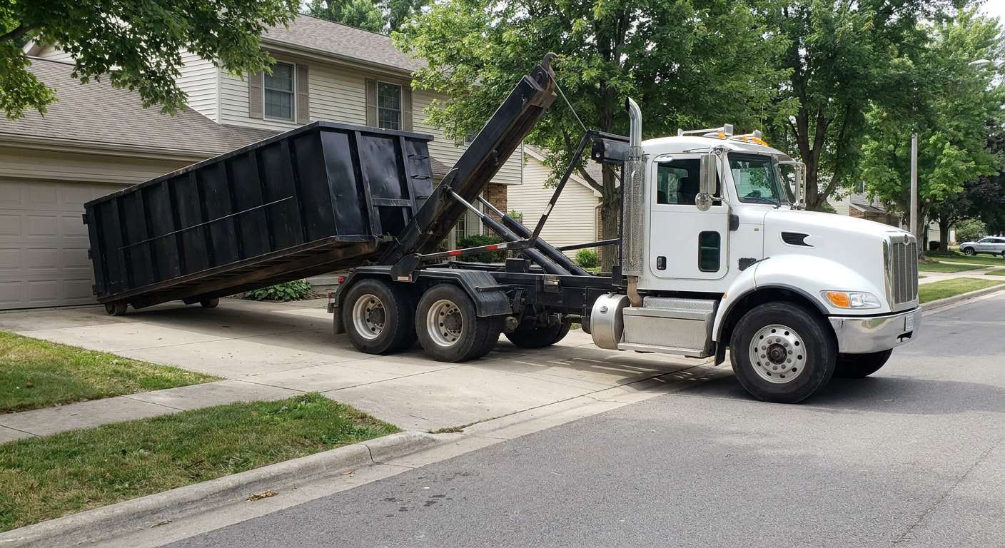 White-cab hooklift roll-off truck actively lowering a matte-black dumpster onto a Ocala residential concrete driveway, the dumpster's rear wheels touching the driveway as the hoist arm tilts the bed forward, mid-morning daylight.