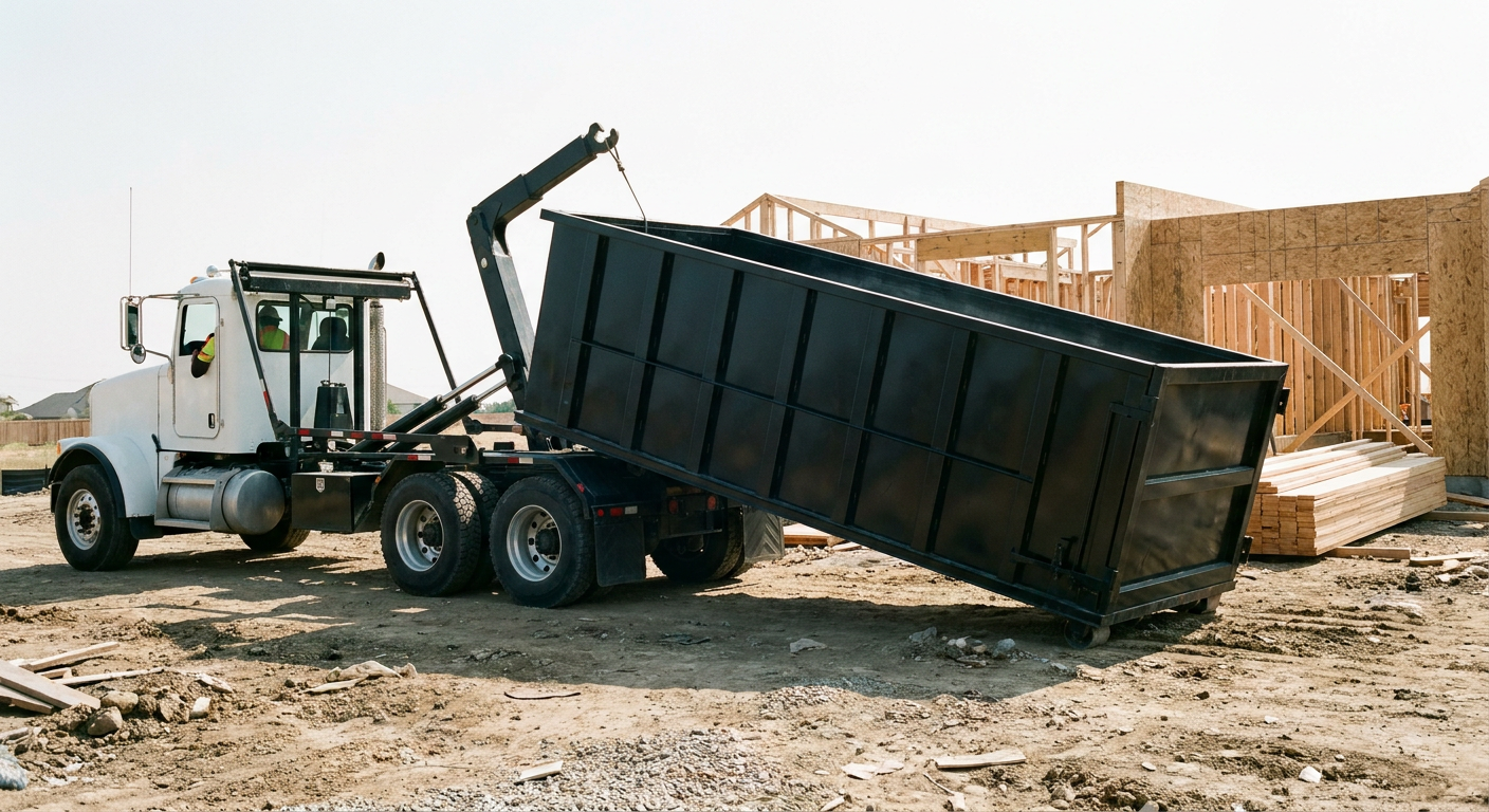 Matte-black roll-off dumpster being delivered onto a clean residential concrete driveway in Ocala by an unmarked white hooklift hauler truck, bright morning daylight, documentary 35mm perspective.
